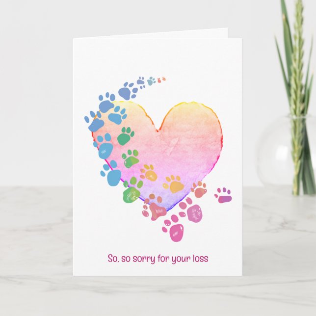 Rainbow Pawprints on a Heart for Pet Loss Sympathy Card (Front)