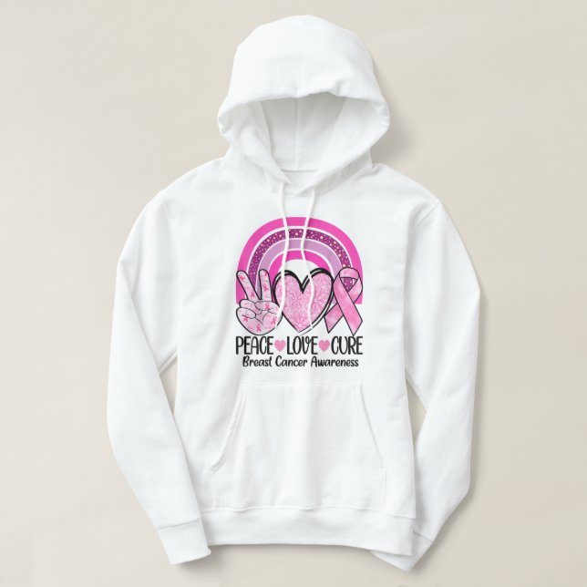 Rainbow Peace Love Cure Pink Ribbon Breast Cancer  Hoodie (Design Front)