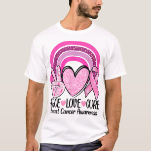 Rainbow Peace Love Cure Pink Ribbon Breast Cancer T-Shirt