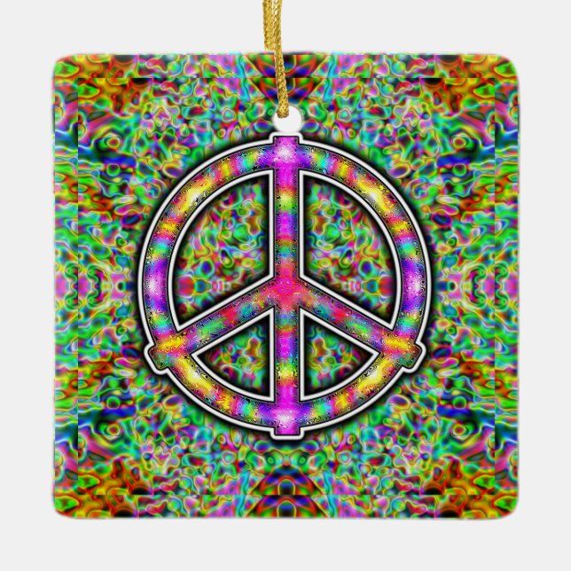 Rainbow Peace Sign Ceramic Ornament (Front)