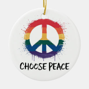 Rainbow Peace Sign with "Choose Peace" Text Ceramic Ornament