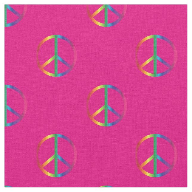 Rainbow Peace Signs Pink Fabric (Close Up)