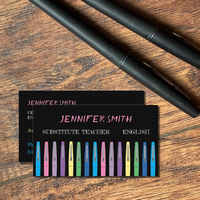 Rainbow Pen Substitute Teacher Black Business Card (Creator Uploaded)
