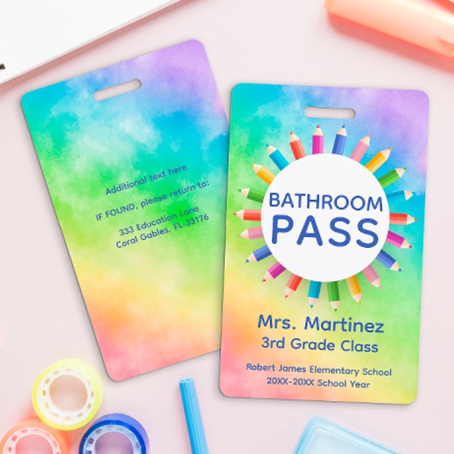 Rainbow Pencils Classroom Bathroom Pass Badge ID Badge (Creator Uploaded)
