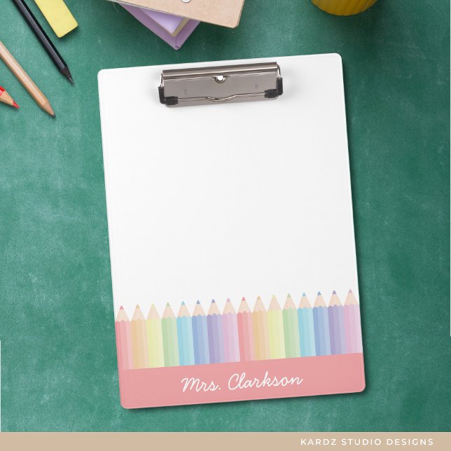 Rainbow Pencils Personalised Teacher Clipboard (Personalize this pastel rainbow colored clipboard with the teacher's name. )