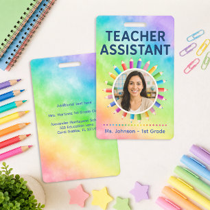 Rainbow Pencils Photo Teacher Assistant Badge ID Badge