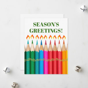 Rainbow Pencils Seasons Greetings Holiday Card