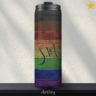 Rainbow Philadelphia Pride Flag Wood Grain Name Thermal Tumbler