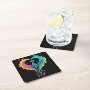 Rainbow Phoenix Heart Square Paper Coaster