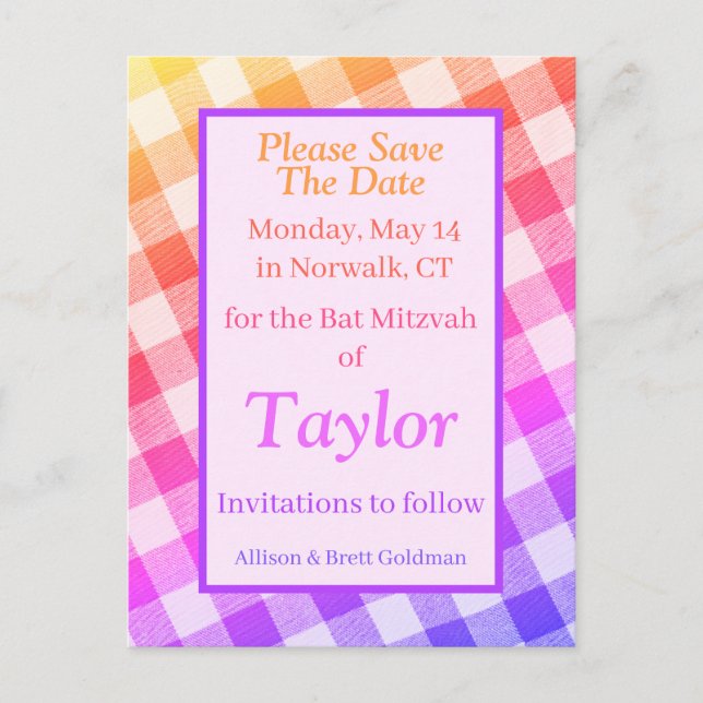 Rainbow Picnic Diagonal Save the Date Postcard (Front)
