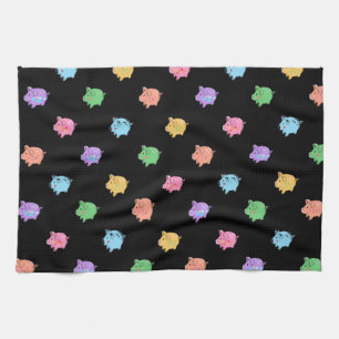 Rainbow Pig Pattern on black Tea Towel