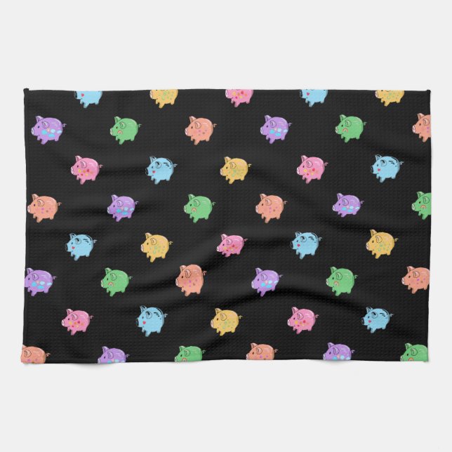 Rainbow Pig Pattern on black Tea Towel (Horizontal)
