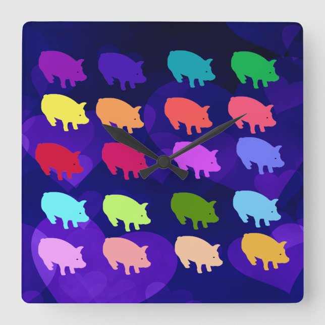 Rainbow Pigs Square Wall Clock (Front)