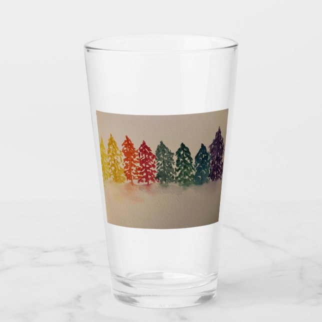 Rainbow Pine Trees Glass Cup (Front)