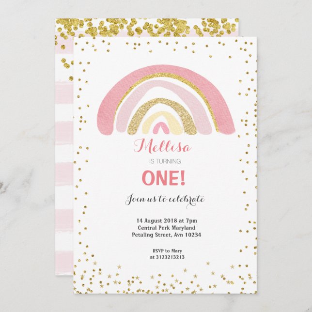 Rainbow Pink 1st Birthday Invitation Girl (Front/Back)