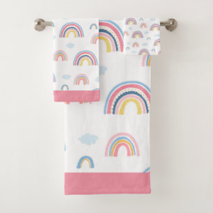 Rainbow Pink Blue Yellow Boho Fun Girly Bathroom Bath Towel Set