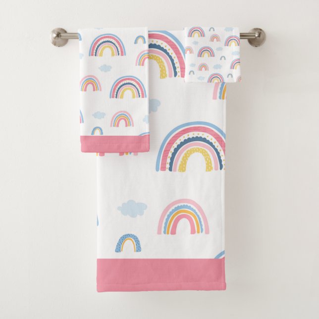 Rainbow Pink Blue Yellow Boho Fun Girly Bathroom Bath Towel Set (Insitu)