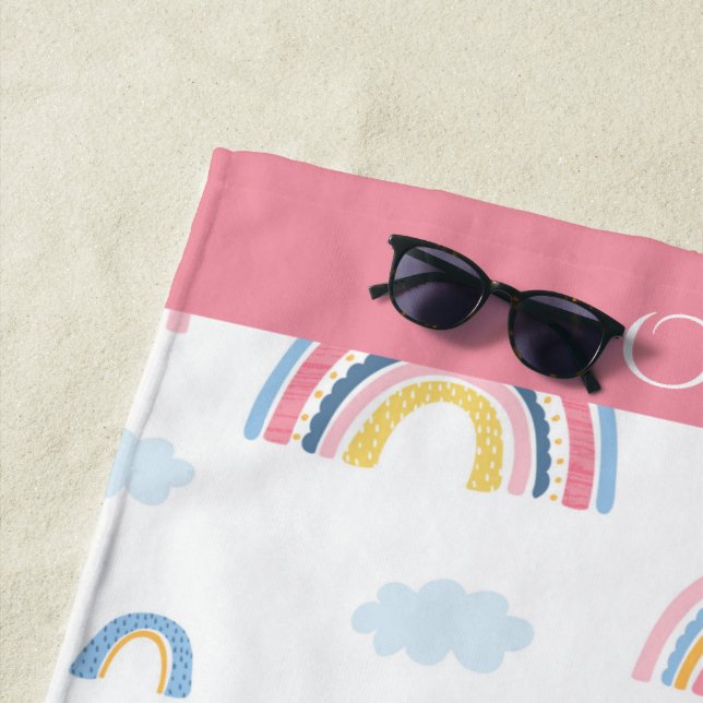 Rainbow Pink Blue Yellow Monogram Name Girly Beach Towel (In Situ)