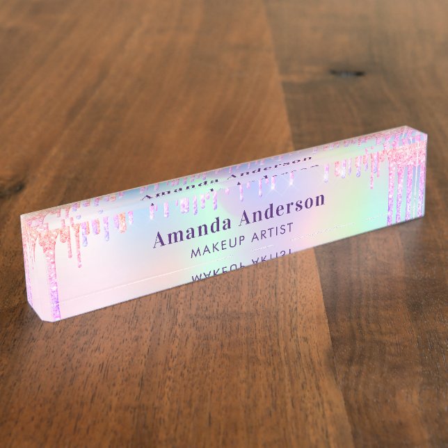 Rainbow pink glitter drips monogram beauty nameplate (Side)