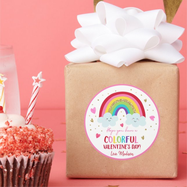 Rainbow Pink Gold Hearts Valentine's Day Classic Round Sticker (Party)