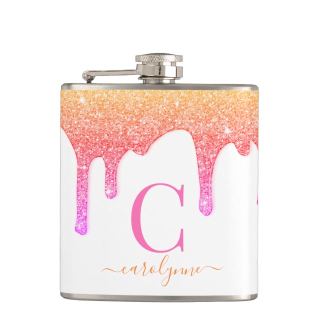 Rainbow Pink Peach Sparkle Glitter Drips Monogram Hip Flask (Front)
