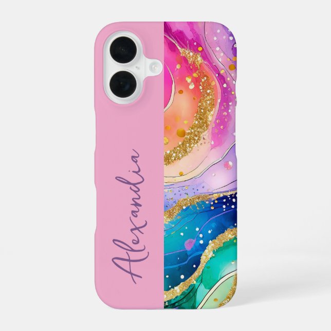  Rainbow Pink Personal Name iPhone 16 Case (Back)