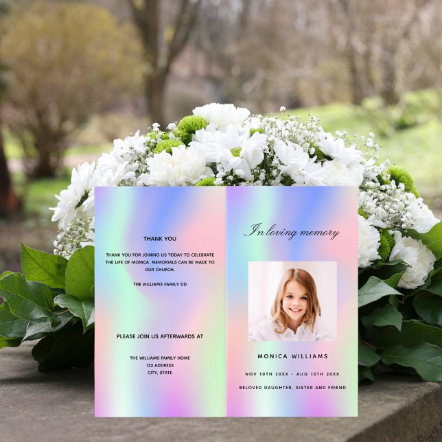 Rainbow pink purple girly photo funeral program (Creator Uploaded)
