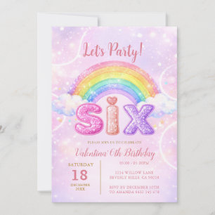 Rainbow Pink Purple Glitter Six Birthday Party Invitation
