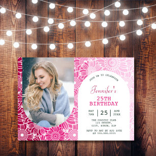Rainbow Pink Stripes Floral Arch Photo Birthday  Invitation