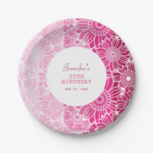 Rainbow Pink Stripes Floral Birthday  Paper Plate