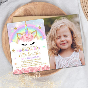 Rainbow Pink Unicorn Birthday Invitation