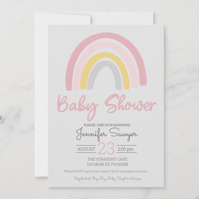 Rainbow Pink Yellow Grey Baby Shower Invitation (Front)