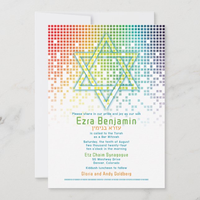Rainbow Pixels Video Game Gamer Bar Mitzvah  Invitation (Front)