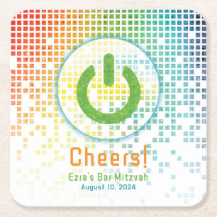 Rainbow Pixels Video Game Gamer Bar Mitzvah Square Paper Coaster