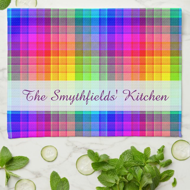 Rainbow Plaid Colourful | Add Your Name Tea Towel (Folded)