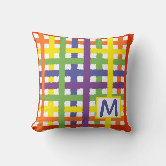 Rainbow Plaid Colourful Personalise Letter Initial Cushion (Front)
