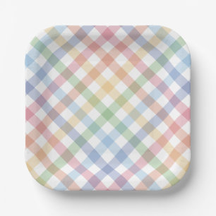 Rainbow plaid cute simple pastel check spring paper plate
