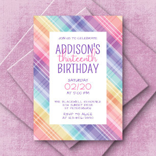 Rainbow Plaid Girls' Birthday Invitation