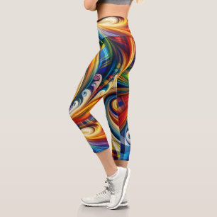 Rainbow Plaid Modern Art Abstract Swirl Capri Leggings