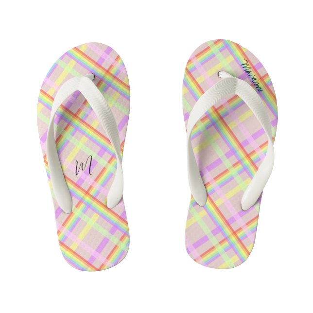 Rainbow Plaid Modern Monogrammed  Kid's Thongs (Footbed)