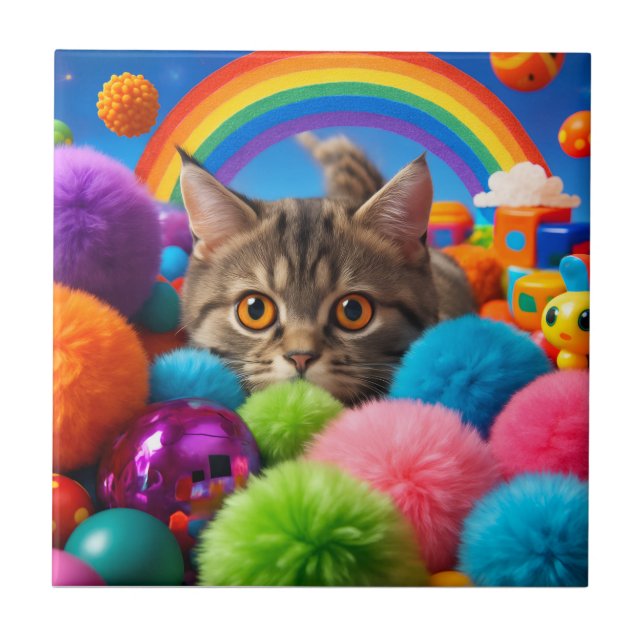 Rainbow Playtime Kitten Adorable Tabby Cat Ceramic Tile (Front)