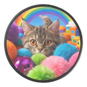 Rainbow Playtime Kitten Adorable Tabby Cat Hockey Puck