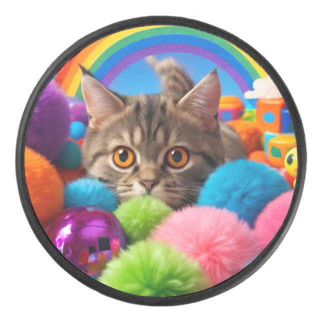 Rainbow Playtime Kitten Adorable Tabby Cat Hockey Puck (Front)