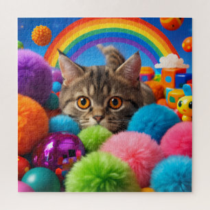 Rainbow Playtime Kitten Adorable Tabby Cat Jigsaw Puzzle