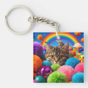 Rainbow Playtime Kitten Adorable Tabby Cat Key Ring
