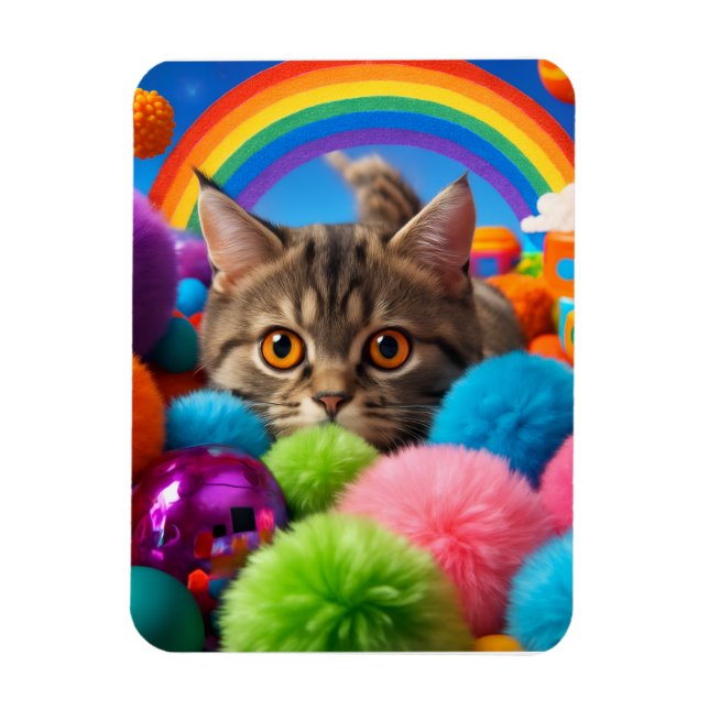 Rainbow Playtime Kitten Adorable Tabby Cat Magnet (Vertical)