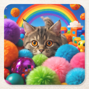 Rainbow Playtime Kitten Adorable Tabby Cat Square Paper Coaster