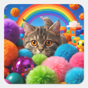 Rainbow Playtime Kitten Adorable Tabby Cat Square Sticker