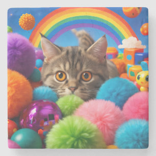Rainbow Playtime Kitten Adorable Tabby Cat Stone Coaster
