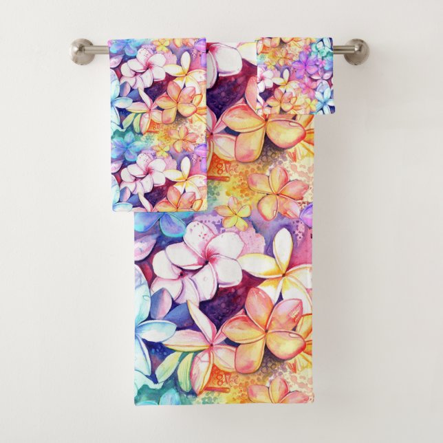 Rainbow Plumeria Hawaii Watercolor Bath Towel Set (Insitu)